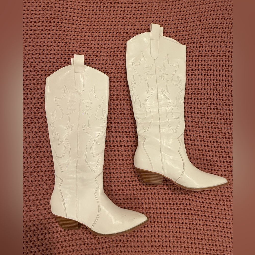 White Knee-High Scroll Embossed Cowboy Boots